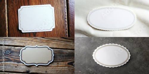 The four images show different shapes of labels, including a square and a circle. The labels are white and have a decorative border. The images are arranged in a grid