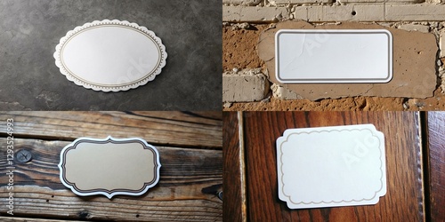 A collection of four different shaped tags, all of which are white. The tags are placed on a wooden surface