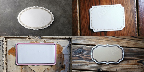 Four different shaped tags with a white background. The tags are all different shapes and sizes. The tags are placed on a wooden surface