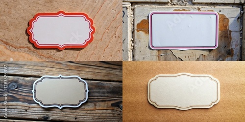Four different colored signs with a white border. The signs are all different sizes and shapes. The first sign is a large rectangle with a white border and a red border