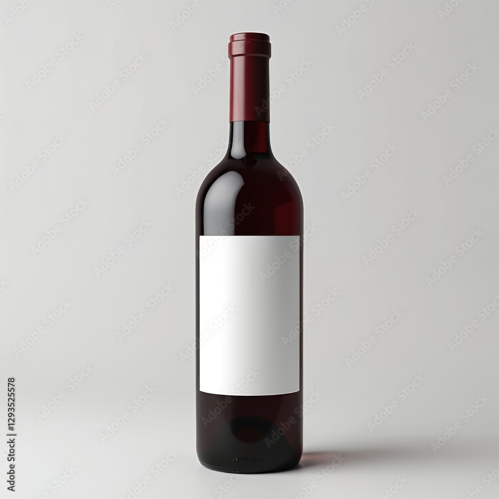 Obraz premium Mockup of red wine bottle with blank white label. Clean dark glass bottle template for branding design. Object isolated on plain light background. Wine making product presentation. Sommelier business