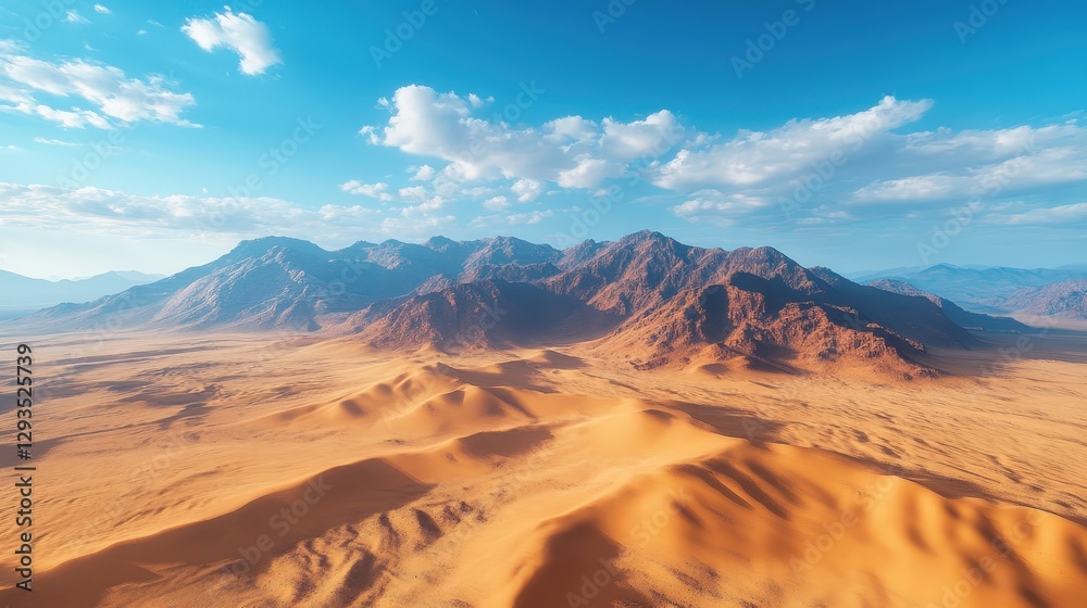 Naklejka premium A stunning desert vista under a vibrant azure sky dotted with fluffy white clouds. Sunlight casts golden hues over endless dunes, creating an enchanting play of light and shadow in this serene expanse