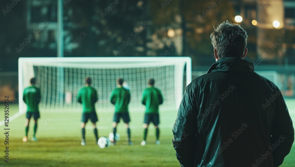 Fototapeta premium Night Football: Coach Observing Penalty Kick