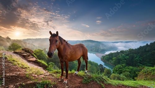 Equus Kiang in Three River Source Region Majestic Wild Horses Grazing amidst Lush Greenery and Serene Landscapes at Dawn, Capturing the Spirit of the Highlands. photo