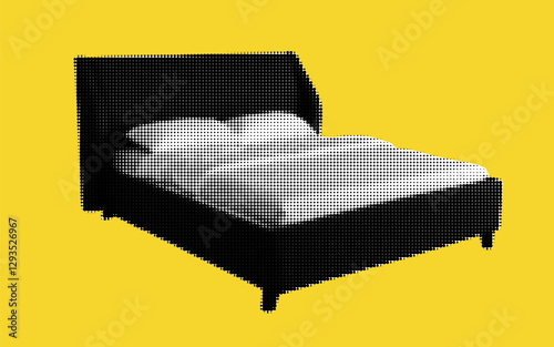 Collage of a stylish black bed on a vibrant yellow background capturing a modern aesthetic with halftone elements