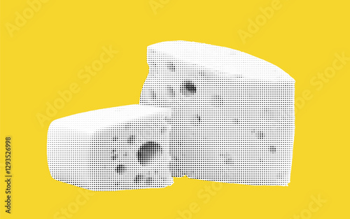 Vibrant yellow collage featuring halftone textures and intriguing cheese elements in a playful arrangement