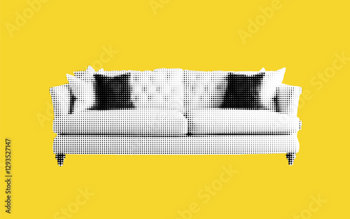Collage of a stylish halftone sofa against a vibrant yellow backdrop showcasing modern interior aesthetics and comfort in living spaces