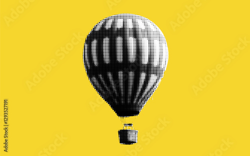 Floating high above the vibrant landscape in a delightful halftone collage of yellow and black