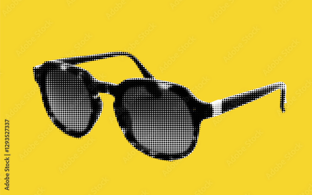 Obraz premium Unique halftone collage featuring stylish sunglasses against a vibrant yellow backdrop, capturing a playful and artistic vibe