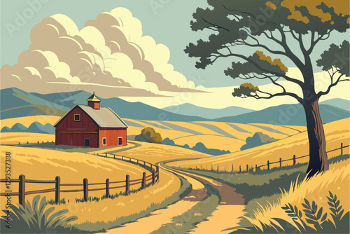 90 Rural landscape, red barn, golden wheat fields, dirt road, wooden fence, fluffy clouds, blue sky, rolling hills, panoramic view, summer scene, countryside, farm scenery, realistic painting style, v