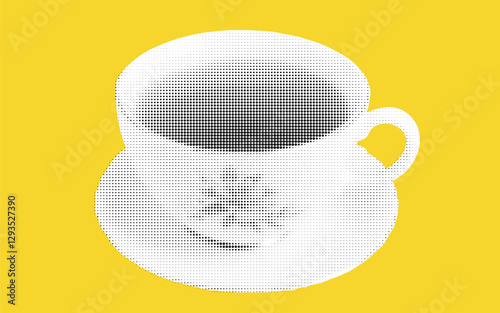 Bright yellow collage featuring a halftone coffee cup with dark liquid creating a striking visual contrast