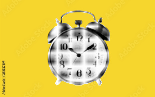 Bright yellow halftone collage of a vintage alarm clock capturing the essence of time, urgency, and nostalgia in a modern artistic format