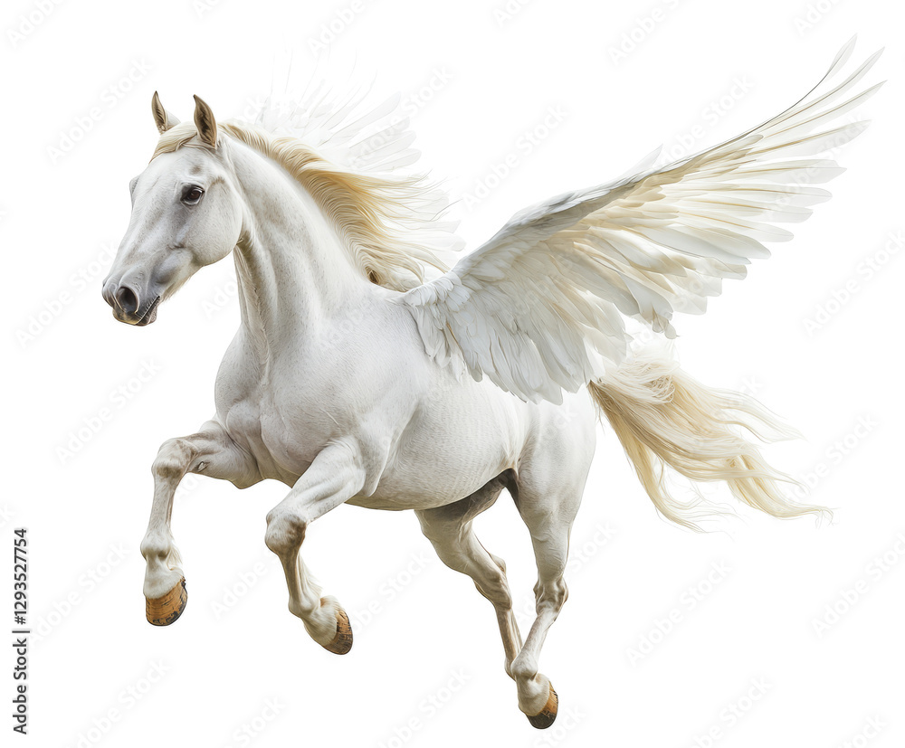 Majestic white winged horse, Pegasus, in flight, cut out Majestic white winged horse, Pegasus, in flight, cut out