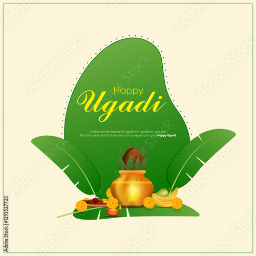 A green leaf shape saying Happy Ugadi a golden pot with a coconut and fruits It is decorated with stylized leaves and likely includes a message at the bottom offering Ugadi greetings
