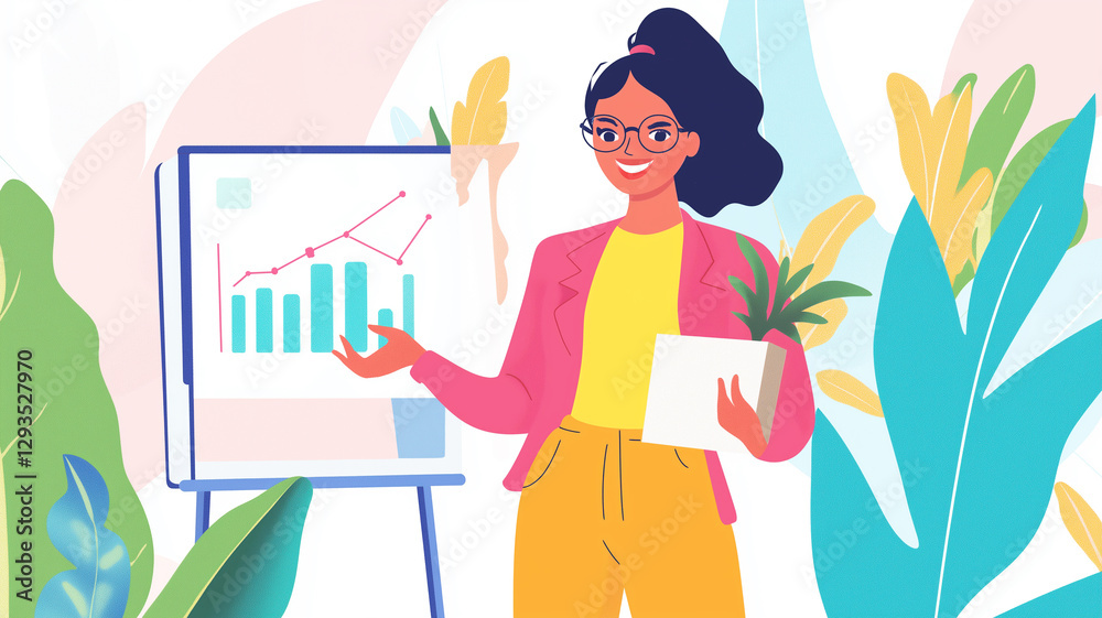 Female Entrepreneur Presenting Products with Sales Growth Graph Female Entrepreneur Presenting Products with Sales Growth Graph