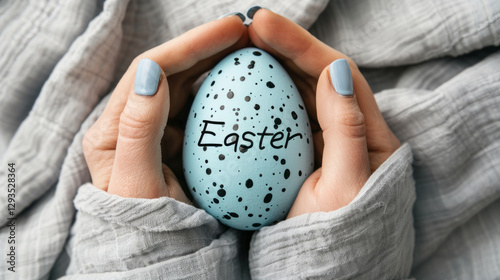 Close-Up of Hands Holding a Speckled Easter Egg, Symbol of Care, Festivity, and Handmade Creativity
