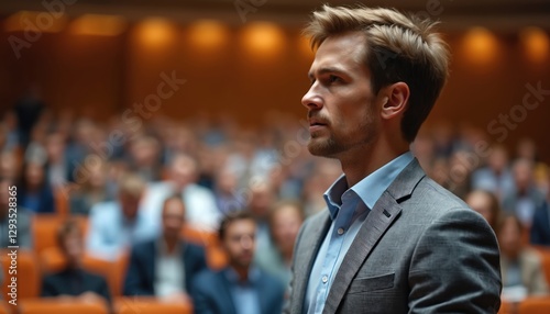 Confident man in suit addresses conference attendees. Hall filled with listeners. Speaker presents business training, ideas. Expert leads presentation, provides advice. Successful entrepreneur shares