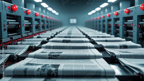 Rows of printing presses in a dimly lit facility produce newspapers. The focus is on the ongoing effort to publish reliable information amid concerns over fake news and disinformation