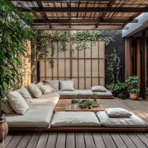 Outdoor patio area featuring wooden architecture with a cozy design