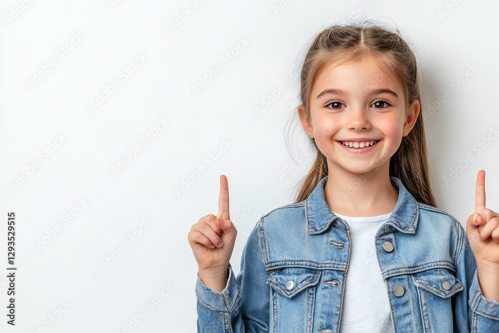 Portrait of lovely friendly girl indicate fingers empty space information isolated on white color background Portrait of lovely friendly girl indicate fingers empty space information isolated on white color background