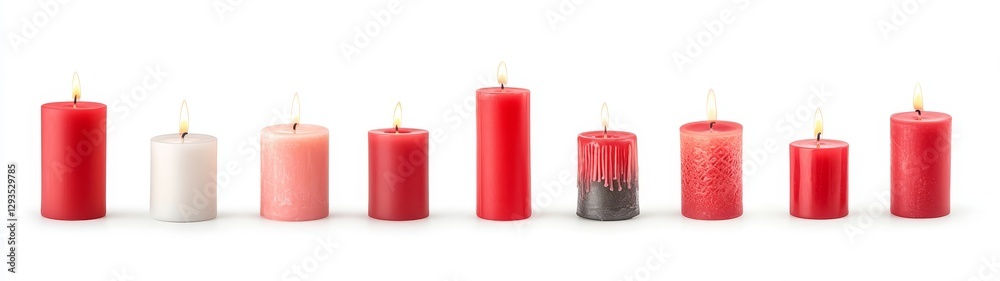 Assorted Red and Pink Candles with Flickering Flames on White Background Assorted Red and Pink Candles with Flickering Flames on White Background