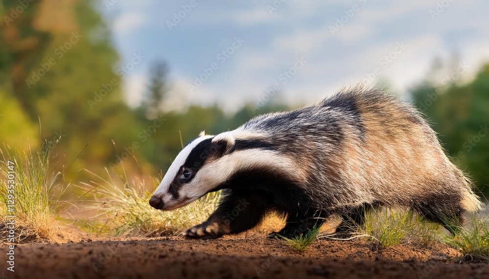 Young European Badger Strolling in a Forest Glade Cute and Curious SixMonth Old Wildlife Exploring its Environment, Showcasing Furry Grace with Natural Light Dappling Through the Canopy. Young European Badger Strolling in a Forest Glade Cute and Curious SixMonth Old Wildlife Exploring its Environment, Showcasing Furry Grace with Natural Light Dappling Through the Canopy.