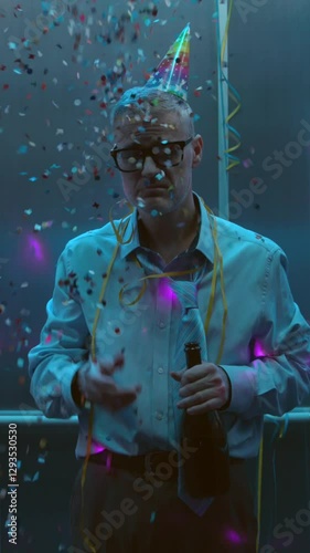 Sad drunk lonely businessman partying alone in the elevator, he throws confetti on himself