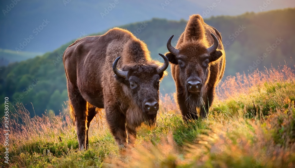 European Bison Wisent in Wintery Carpathians Majestic Wildlife against SnowCapped Mountains of Polands Bieszczady Range European Bison Wisent in Wintery Carpathians Majestic Wildlife against SnowCapped Mountains of Polands Bieszczady Range