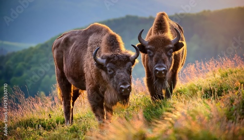 Fototapeta Naklejka Na Ścianę i Meble -  European Bison Wisent in Wintery Carpathians Majestic Wildlife against SnowCapped Mountains of Polands Bieszczady Range