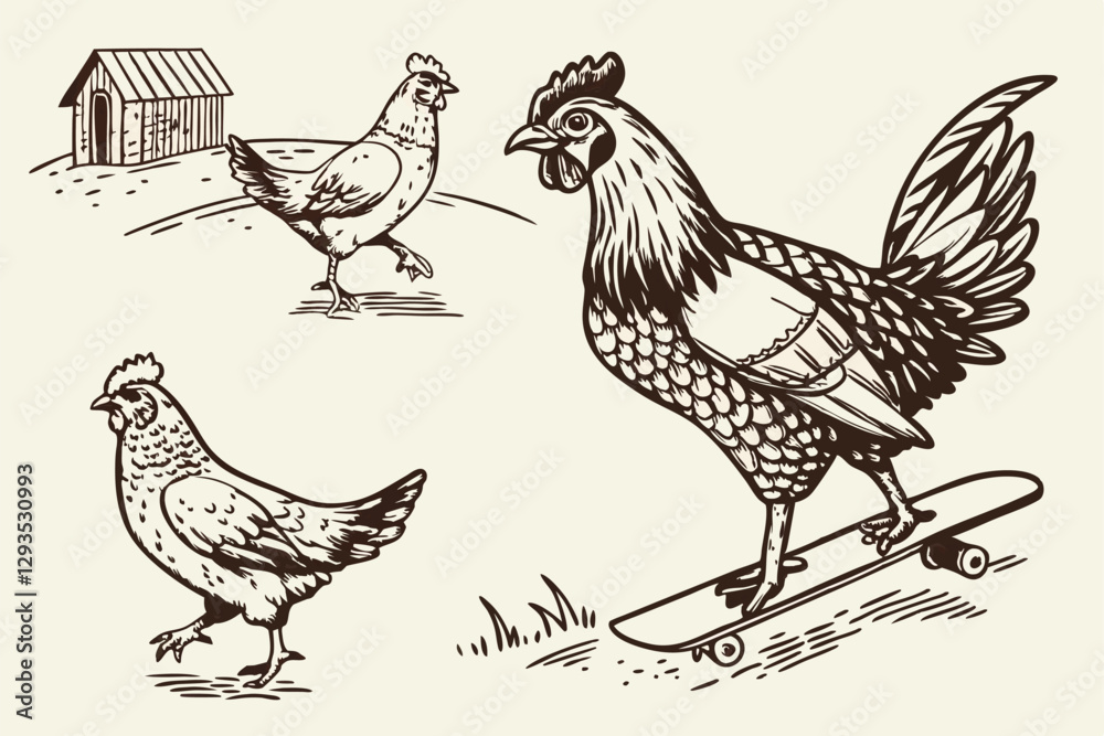 Fototapeta premium 92 Vintage engraved chicken illustrations, quirky farm animals, black and white sketches, whimsical poultry poses, detailed feather textures, humorous bird activities, skateboarding hen, pecking chick