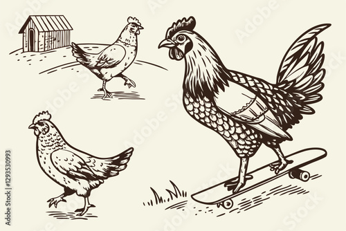 92 Vintage engraved chicken illustrations, quirky farm animals, black and white sketches, whimsical poultry poses, detailed feather textures, humorous bird activities, skateboarding hen, pecking chick