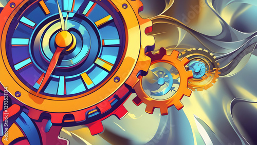 Stylized clock with colorful gears and hands, set against an abstract, flowing background. Mechanical and artistic, with a whimsical, surreal feel.