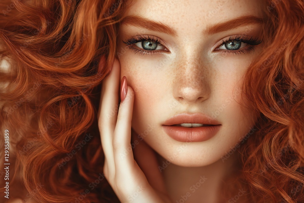 Fototapeta premium Beautiful model girl with curly red hair . Magenta color manicure on nails