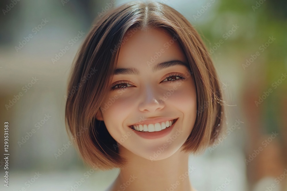 Beautiful model woman with shiny brown and straight hair .Short shoulder length straight hair. Smiling girl with Smooth hairstyle dye .Keratin straightening . Treatment, care and spa procedures Beautiful model woman with shiny brown and straight hair .Short shoulder length straight hair. Smiling girl with Smooth hairstyle dye .Keratin straightening . Treatment, care and spa procedures