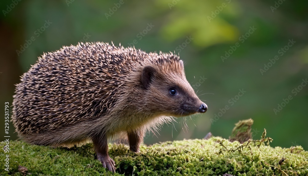 Wild European Hedgehog in Lush Mossy Landscape of Normandy, Capturing the Quiet Grace and Natural Beauty of an Enchanted Forest Wild European Hedgehog in Lush Mossy Landscape of Normandy, Capturing the Quiet Grace and Natural Beauty of an Enchanted Forest