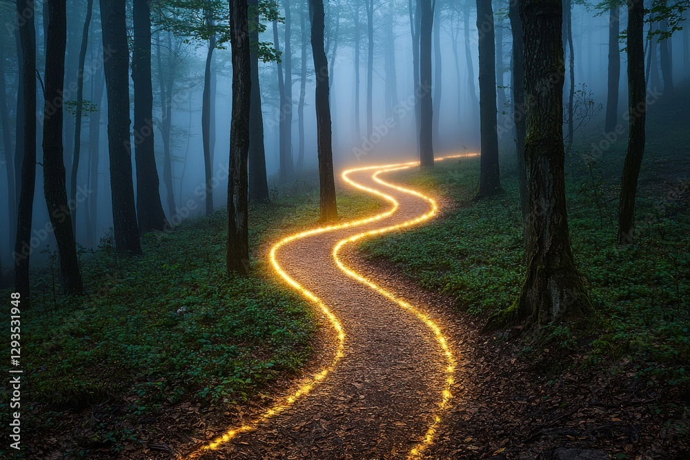 Fototapeta premium Winding path through misty forest nature journey enchanted environment glowing trail sustainability concept