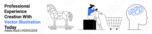 Trojan horse on wheels, woman shopping with a cart while using a mobile device, and abstract brain. Ideal for tech, innovation, e-commerce, education, creativity, psychology flat landing page banner