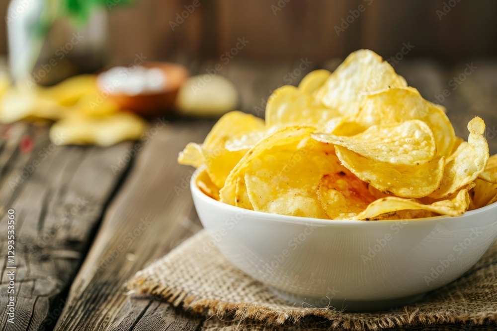 Bowl of crispy potato chips on rustic wooden table. Neural network AI generated Bowl of crispy potato chips on rustic wooden table. Neural network AI generated