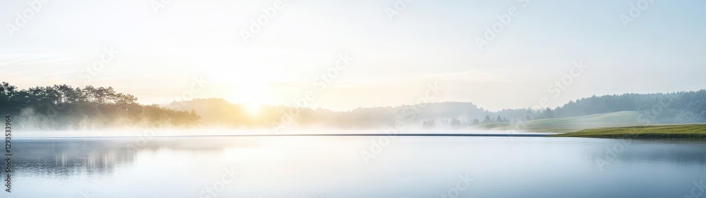 Obraz premium Serene Sunrise Over Misty Lake in Calm Natural Landscape