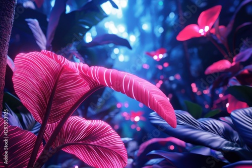 A futuristic jungle of bio-digital plants, glowing cybernetic vines pulsing with neon energy in a surreal hybrid landscape