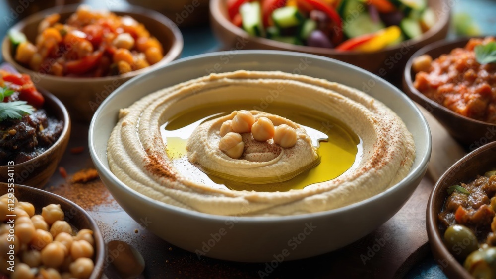 Delicious hummus served with fresh vegetables and assorted dips in a vibrant setting Delicious hummus served with fresh vegetables and assorted dips in a vibrant setting