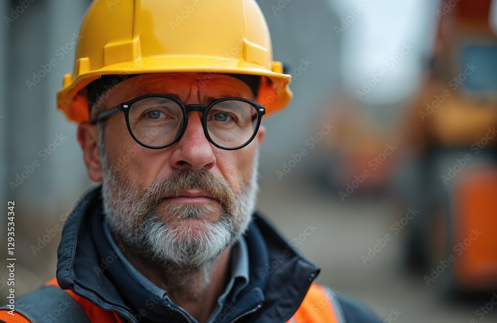 Close up portrait of focused construction worker with beard wearing yellow hard hat, glasses. Confident man builder looking at camera. Safety building site concept. Industry, labor, job. Contractor Close up portrait of focused construction worker with beard wearing yellow hard hat, glasses. Confident man builder looking at camera. Safety building site concept. Industry, labor, job. Contractor