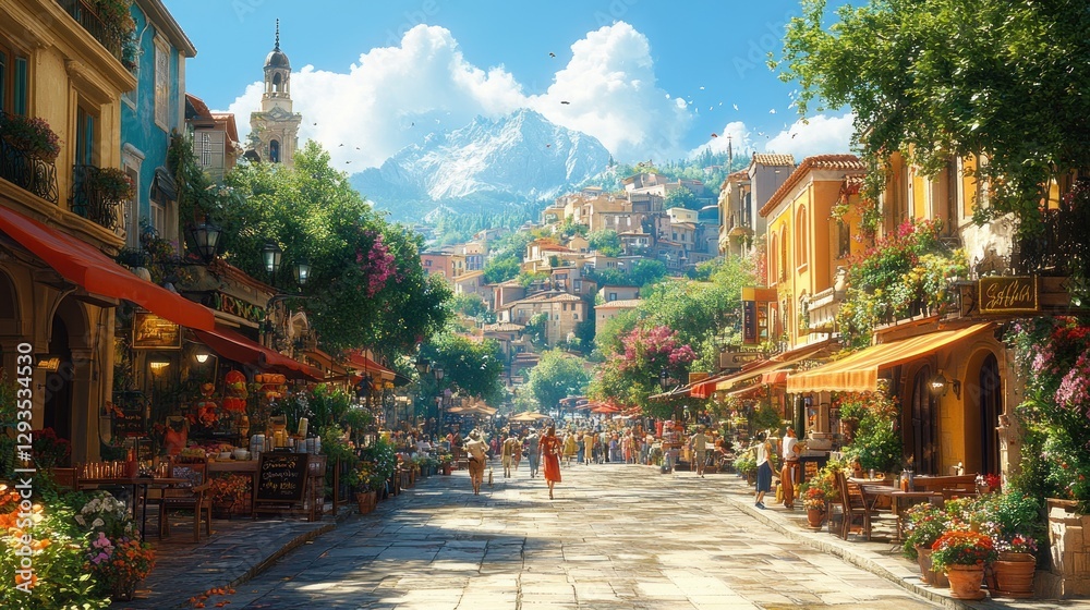 Fototapeta premium Sunny Italian town street, people strolling