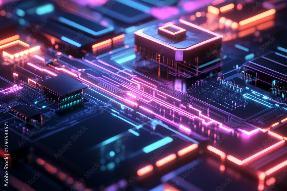 Futuristic 3D circuit board with neon-lit pathways, glowing quantum computing nodes, ultra-detailed reflections, cyber technology inspiration, high-resolution digital art.