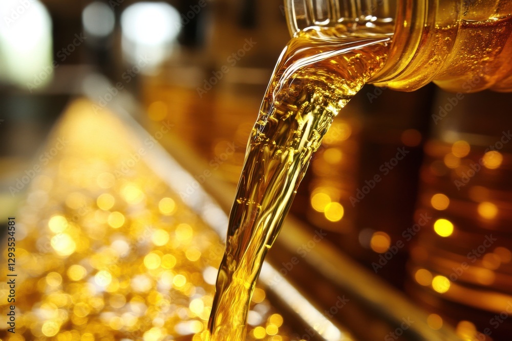 A golden liquid is being poured from a jar, reflecting light, with a backdrop of more jars filled with the same liquid. A golden liquid is being poured from a jar, reflecting light, with a backdrop of more jars filled with the same liquid.