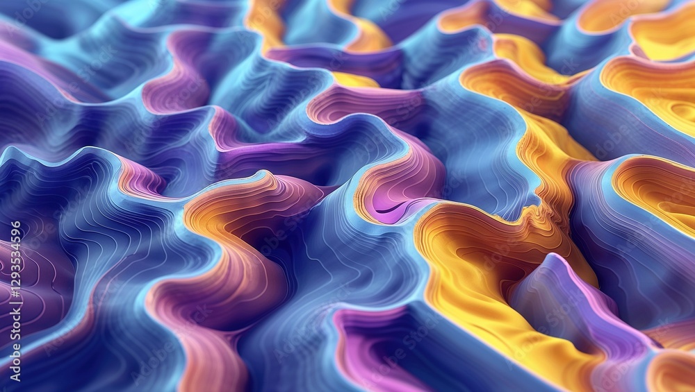 Obraz premium Vibrant 3D abstract shapes cascade over one another, featuring smooth curves and undulating forms in shades of blue, purple, and orange. This captivating background captivates the viewer's eye