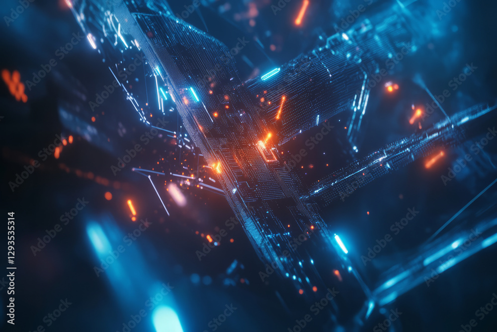 Fototapeta premium Abstract futuristic representation of a blockchain network, glowing interconnected nodes, cybernetic light trails, high-tech AI-driven concept, ultra-detailed, sci-fi ambiance.