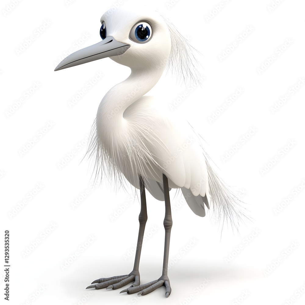 Fototapeta premium Adorable Cartoon White Egret with Fluffy Feathers and Bright Blue Eyes