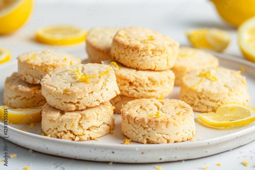 Fresh lemon biscuits on white plate with lemon garnish. Neural network AI generated Fresh lemon biscuits on white plate with lemon garnish. Neural network AI generated