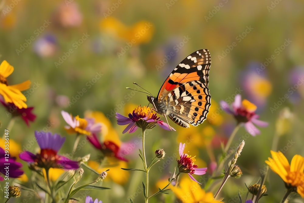 Obraz premium A painted lady butterfly rests on a field of colorful wildflowers, its patterned wings blending with the vibrant petals.
